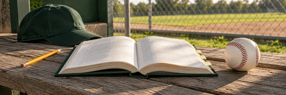 An open reference book, green cap and baseball on a dugout bench.