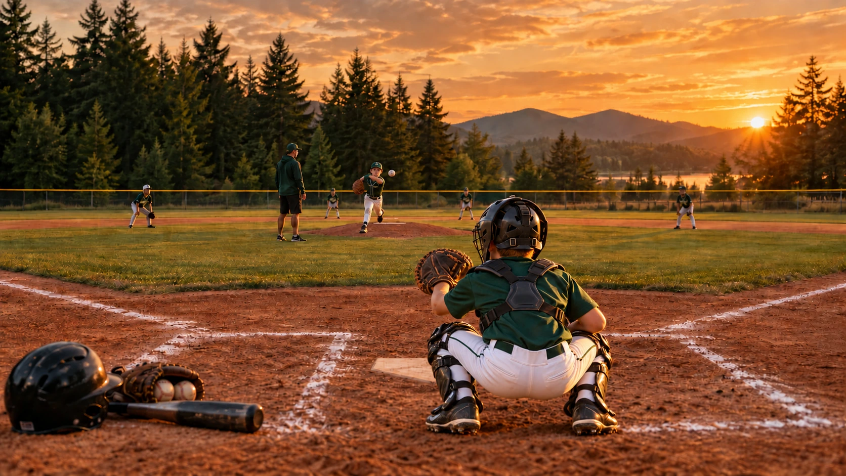 Youth baseball players and a coach practicing on a forest-framed field at sunset