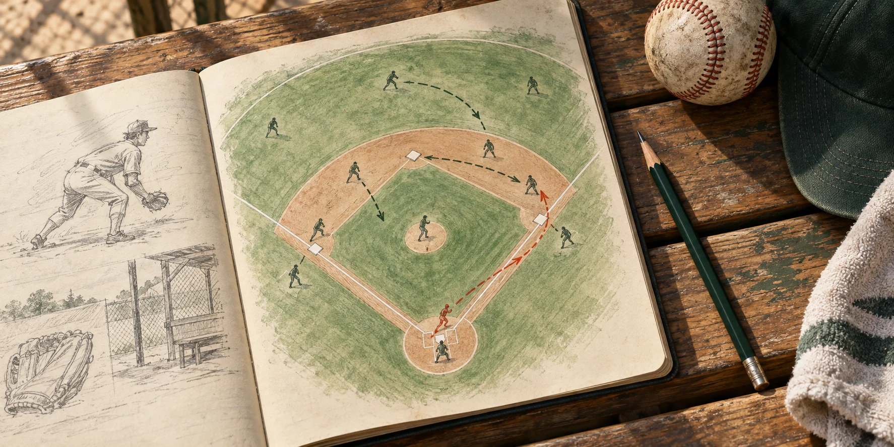 Illustrated baseball practice playbook on a dugout bench