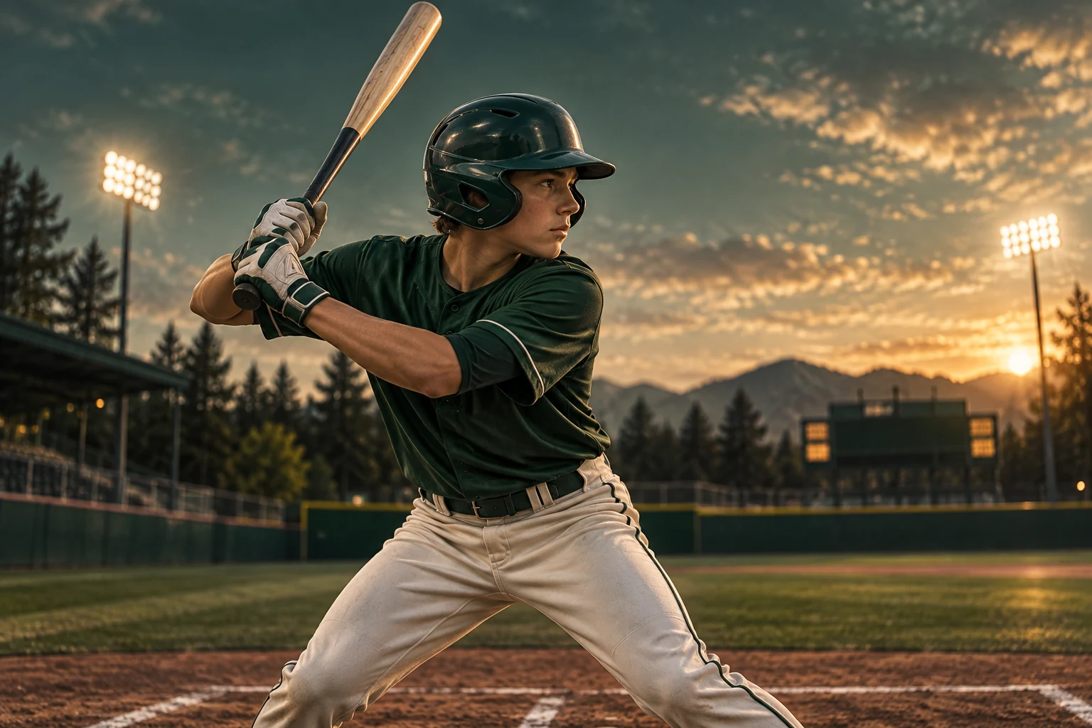 Young batter ready in the box under the field lights
