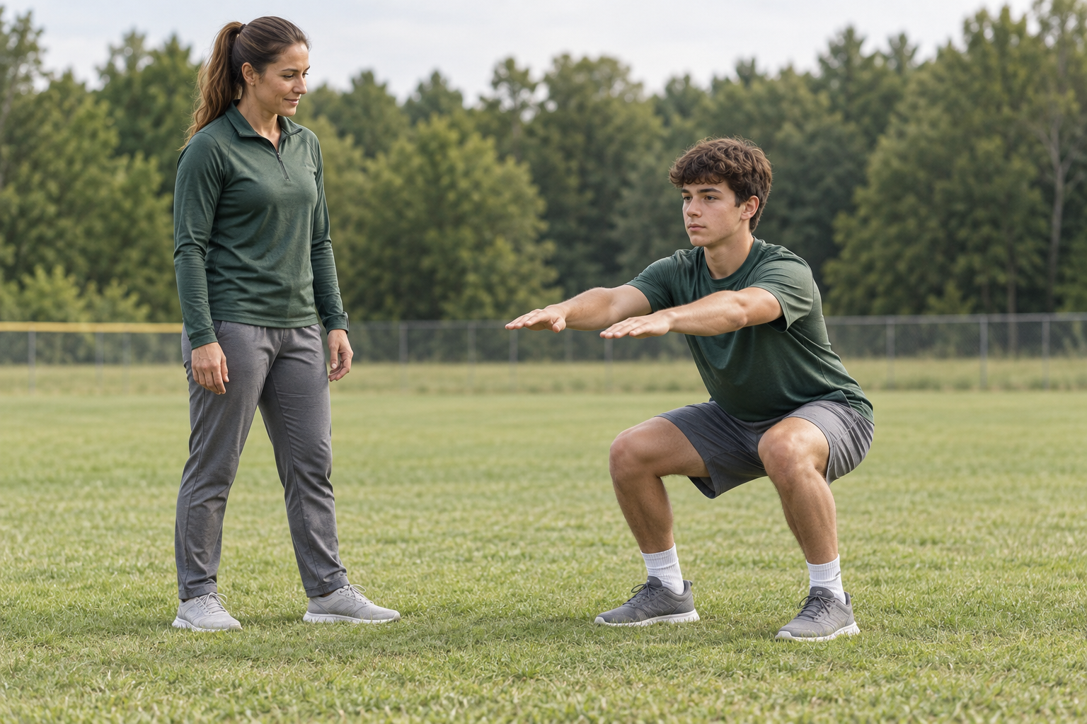 Generated illustration: a coach watches a player practise controlled bodyweight movement, with feet on the ground and no external weights.